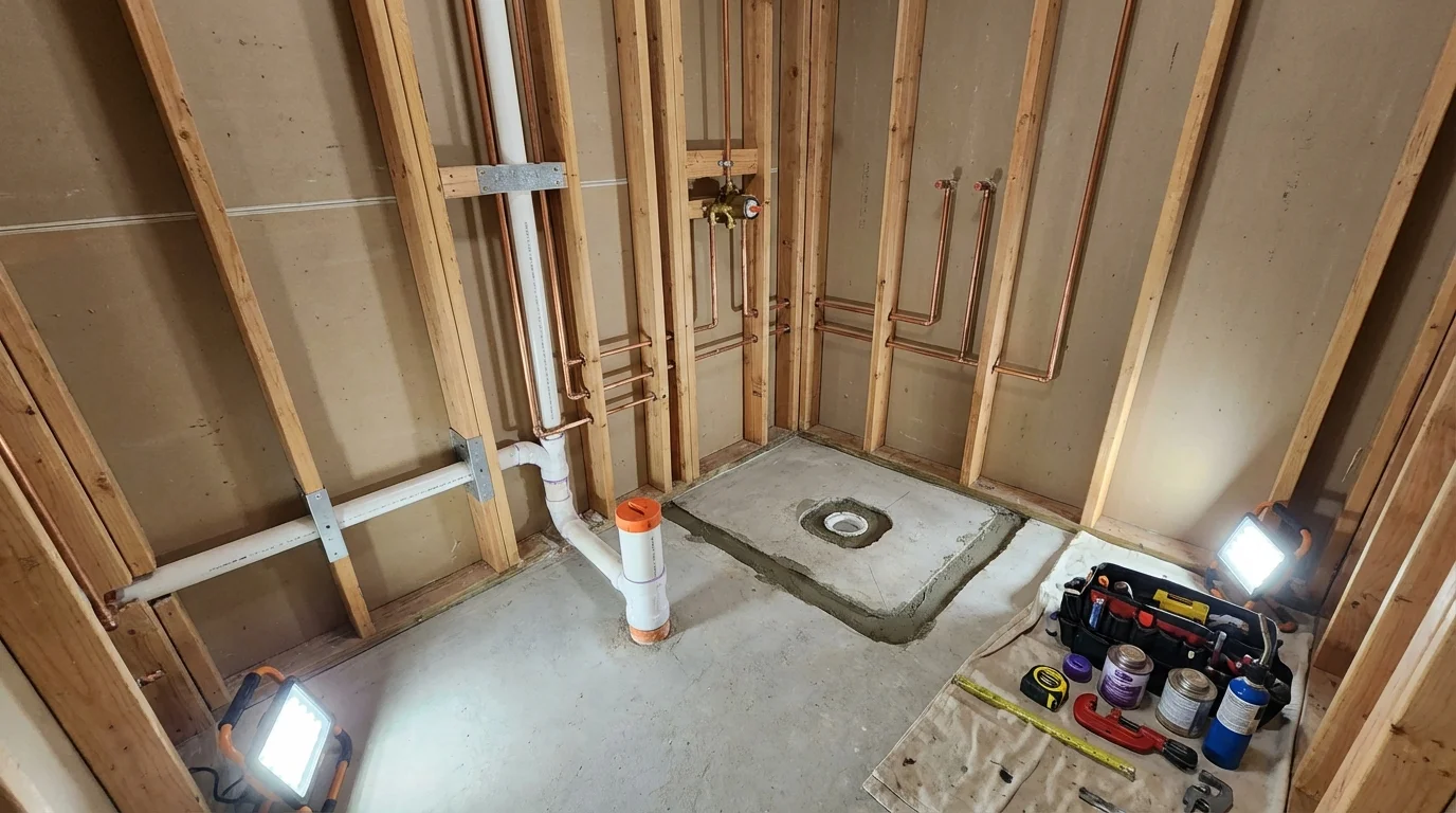 Bathroom rough-in plumbing during remodel by Johns Plumbing LLC in Shelter Island