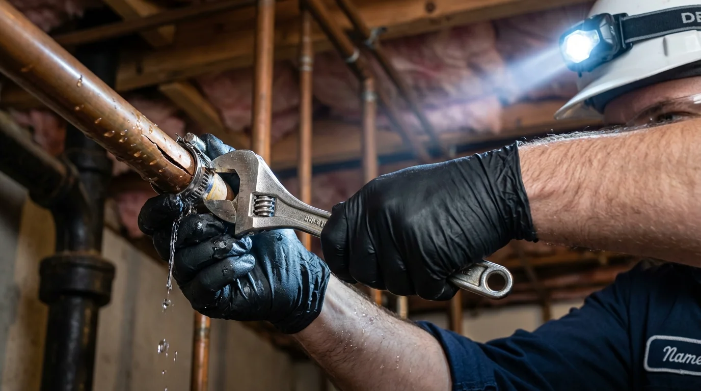 Emergency pipe clamp repair being performed by a Johns Plumbing LLC plumber in Shelter Island