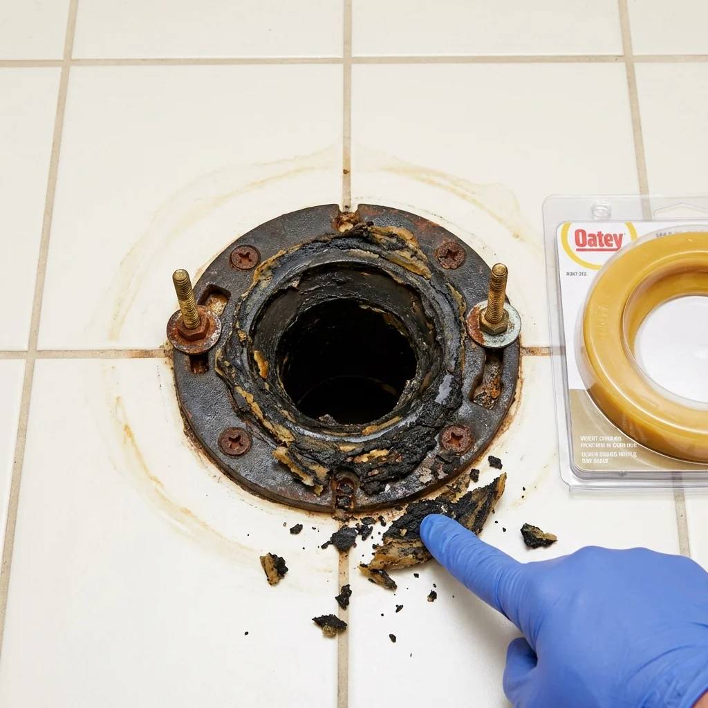 Failed wax ring showing water seepage at the base of a toilet in a Shelter Island, NY home