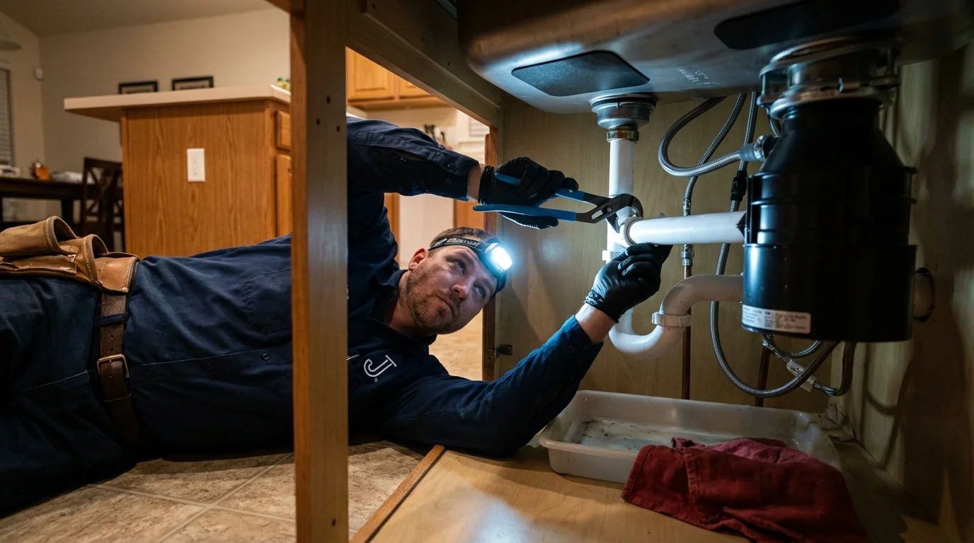 P-trap and supply line connections under a kitchen sink showing a common leak point in Shelter Island, NY